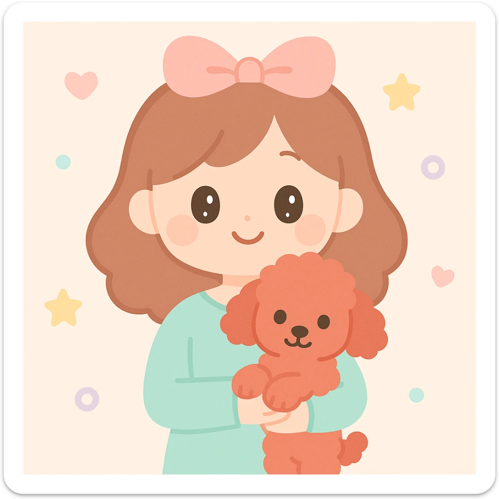 a cute woman with a red toy poodle, charming and friendly, soft colors, simple background sticker