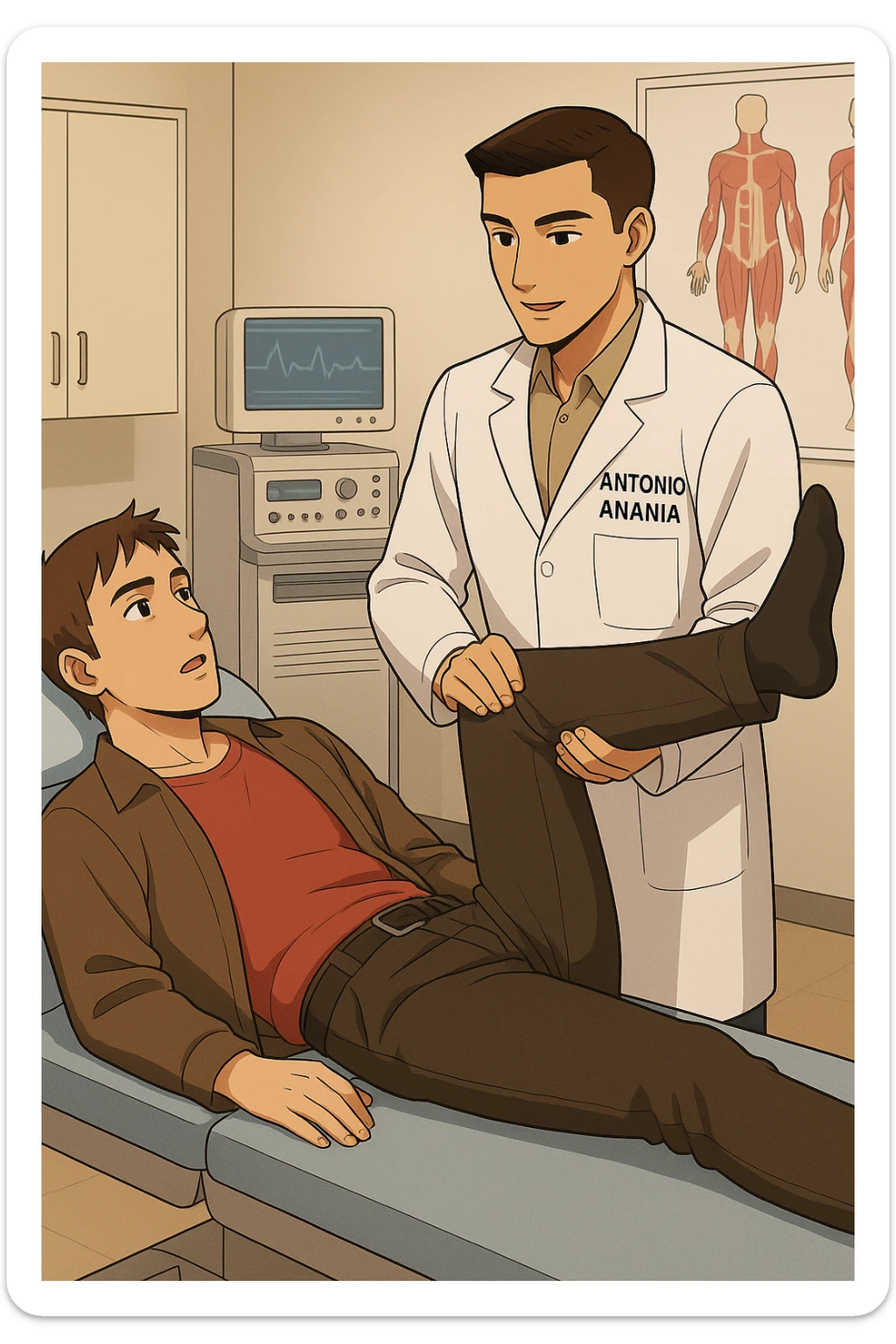 fai un webtoon manga a colori con questo stile, in cui un uomo è steso sul lettino medico e il kinesiologo con il camice bianco (fagli anche la scritta "ANTONIO ANANIA" SUL CAMICE, gli solleva una gamba per fargli il test neuromuscolare, IL KINESIOLOGO SPIEGA ALL'UOMO UNA cosa mentre gli alza la gamba. non fare i fumetti però, fai solo in modo che sembri stiano parlando sticker
