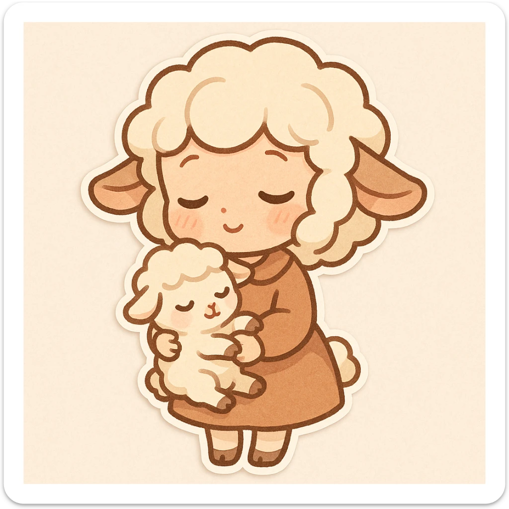 Chibi stickers style sheep girl holding a lamb, sleepy and sweet expression and pose. sticker