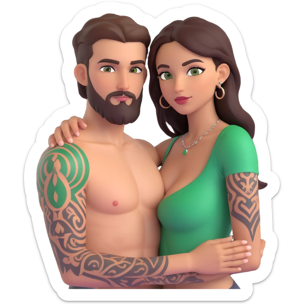Short Brown eyed Latina woman with pierced nipples, small breasts and tattoos having sex with a tall white man with green eyes and a beard for Christmas grab booty sticker