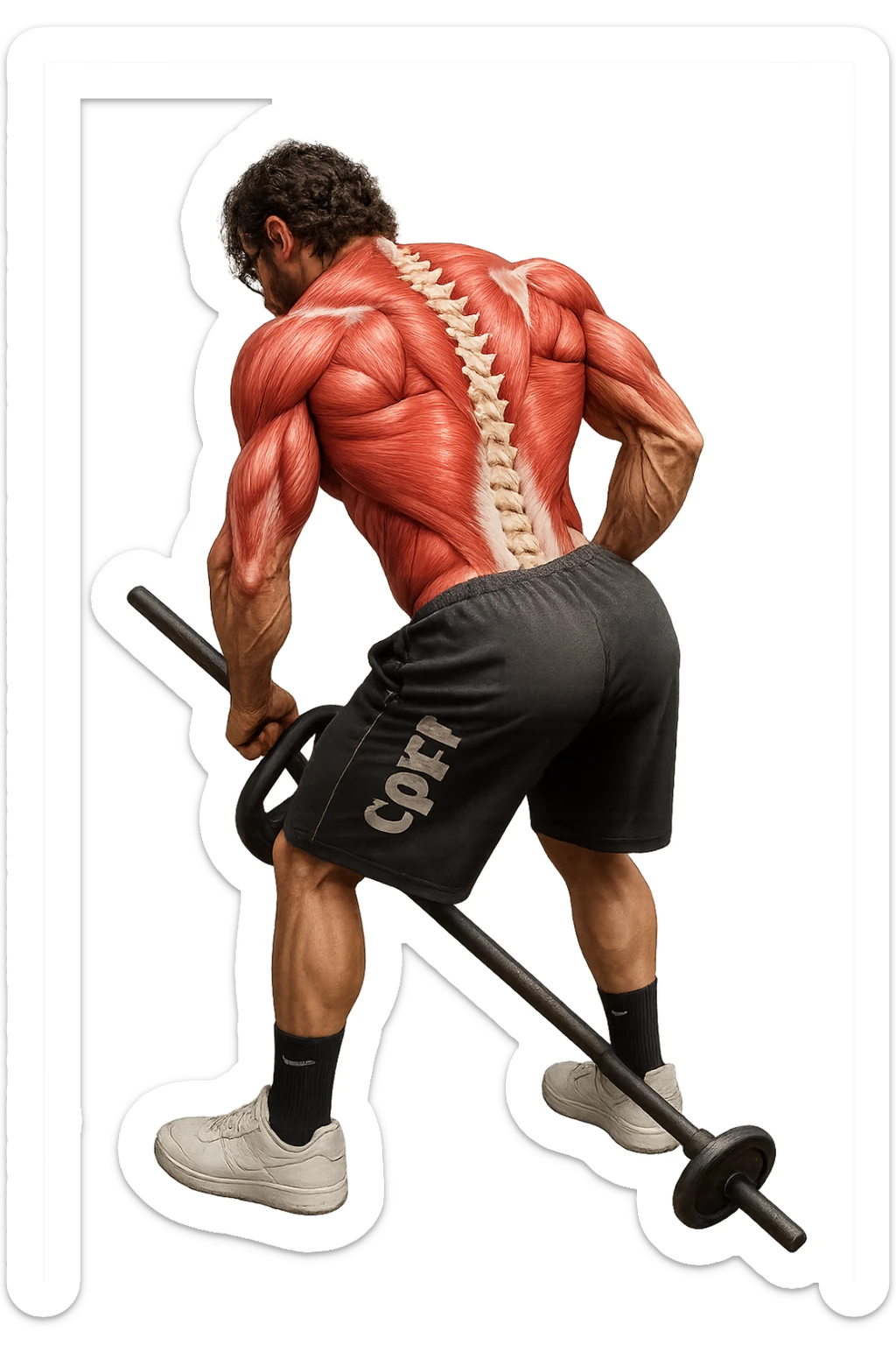 lascia questa immagine identica in cui lui esegue un T-bar con triangolo ma aggiungi fasci muscolari e spina dorsale sulla sua schiena, iperealistico 4k sticker