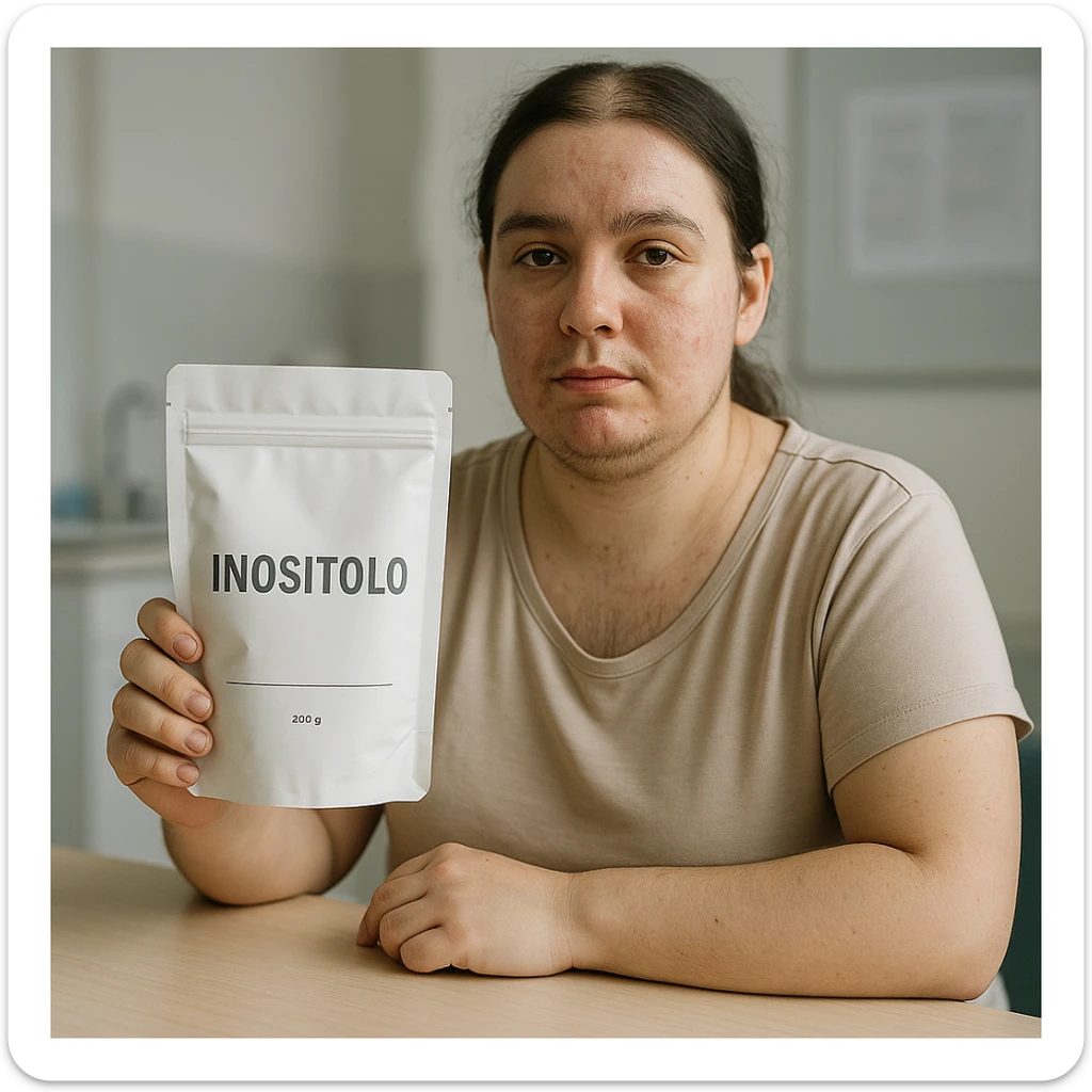Realistic photograph of a woman with PCOS sitting at a table, showing a package with the label 'Inositolo' clearly visible towards the camera. She has acne marks, chin hair, thin hair, in a clinical environment with soft lighting. sticker