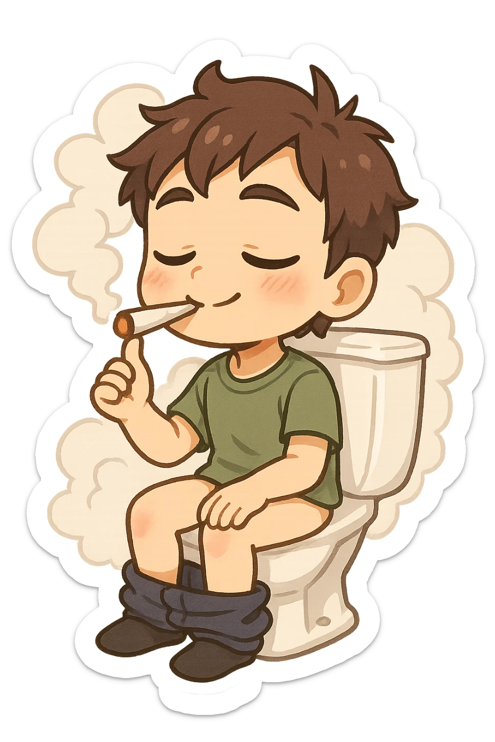 anime style sticker of a guy sitting on a toilet, relaxed, smoking weed, with a cloud of smoke, humorous and lighthearted sticker