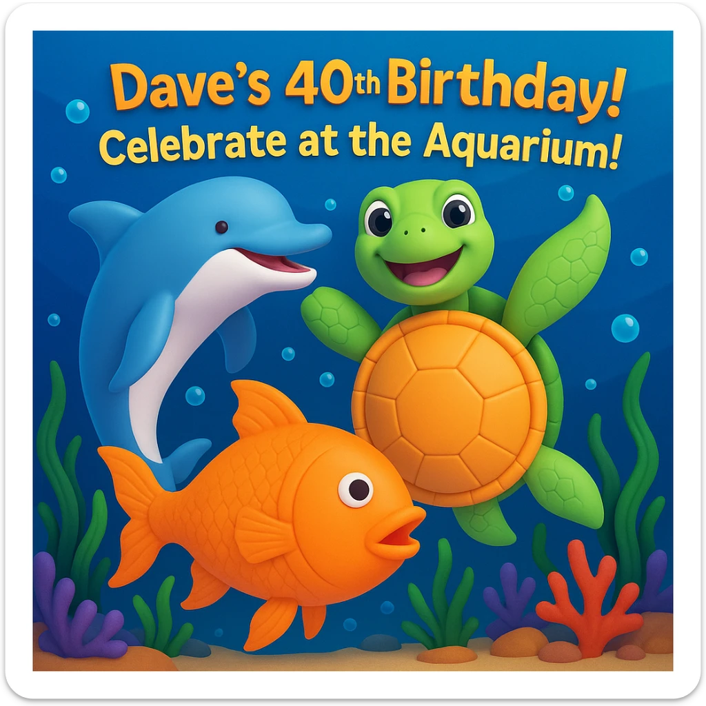 Make a birthday card for Dave's 40th birthday at the aquarium. Arrange the playful dolphin, smiling sea turtle, and colorful fish in a lively underwater scene with bubbles, seaweed, and coral. Add cheerful text: "Dave's 40th Birthday! Celebrate at the Aquarium!" Use a fun, vibrant style. Make it 3d emoji style. sticker