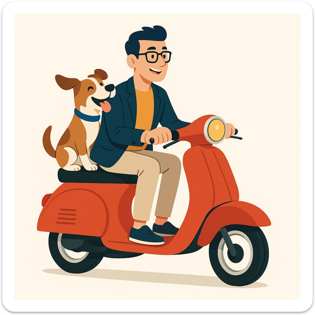 vector art of a man and his pet dog riding a vespa, for website design sticker