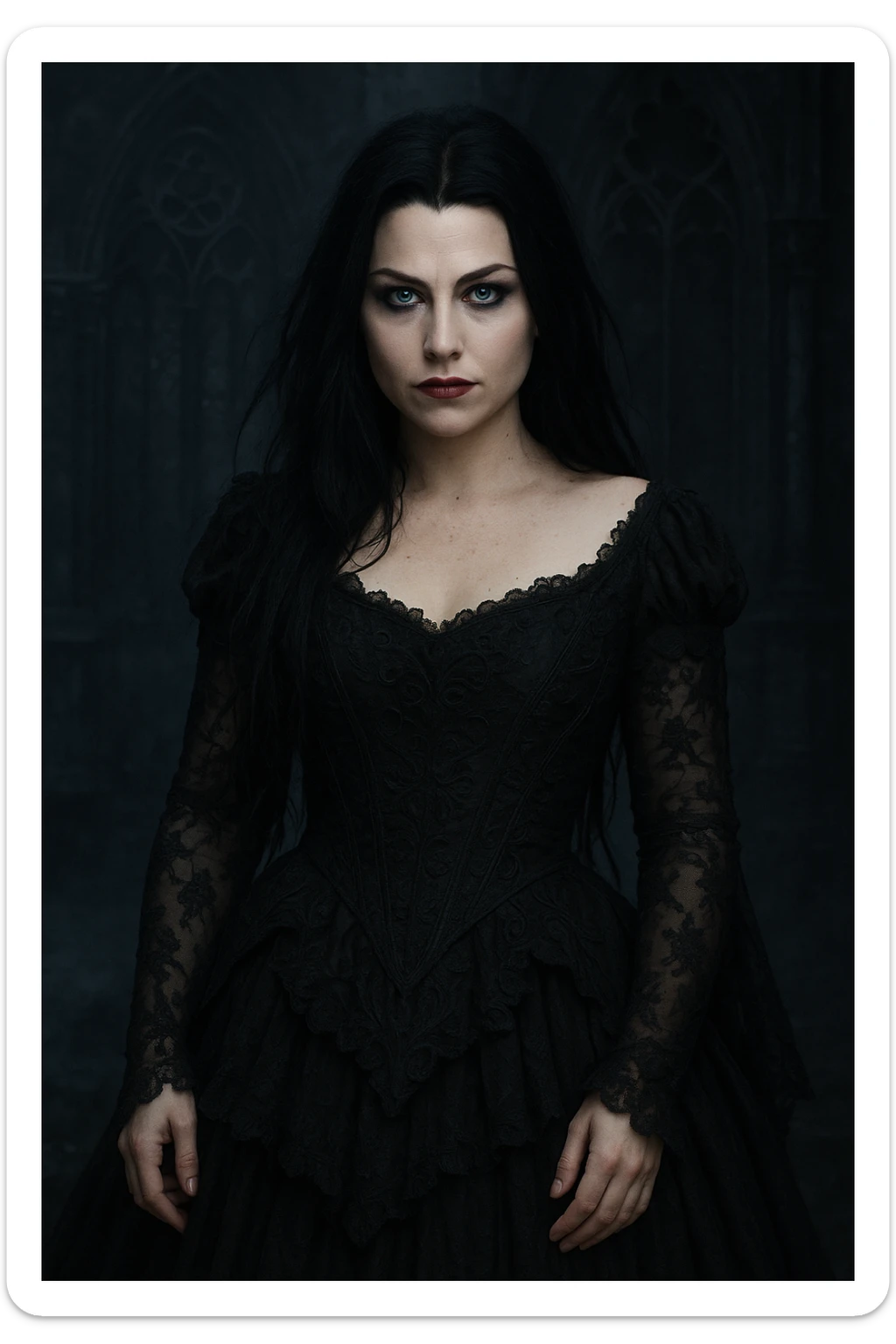 Amy Lee, lead singer of Evanescence, in a dramatic gothic style, long dark hair, striking blue eyes, wearing a black dress, moody atmosphere sticker