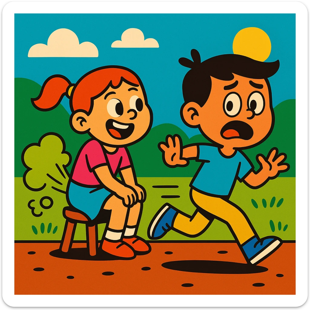 humorous cartoon: girl farting, boy running away, lively and colorful, vibrant toon style sticker