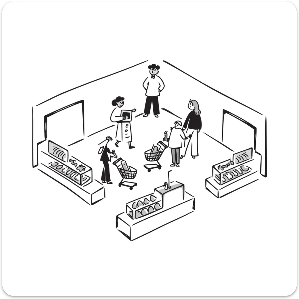 Isometric view of a supermarket interior with grocery aisles, shoppers, and cash registers sticker