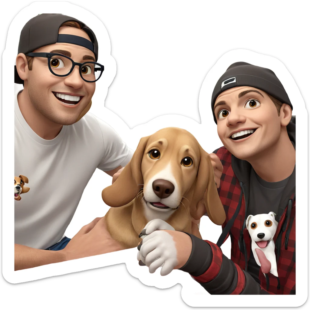 happy boys with dog and hat sticker
