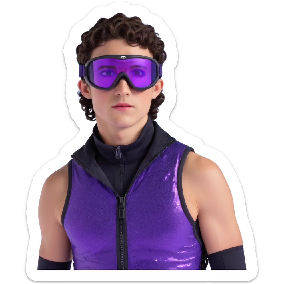 close-up of male athlete with white skin and moderately curly dark brown hair on top with shaved sides, wearing ski goggles with purple frames and very dark black lenses, a simple plain black chain necklace, and a completely unzipped sleeveless vest with purple and black sequin fire pattern design with no logo, frame centered on face and upper chest sticker