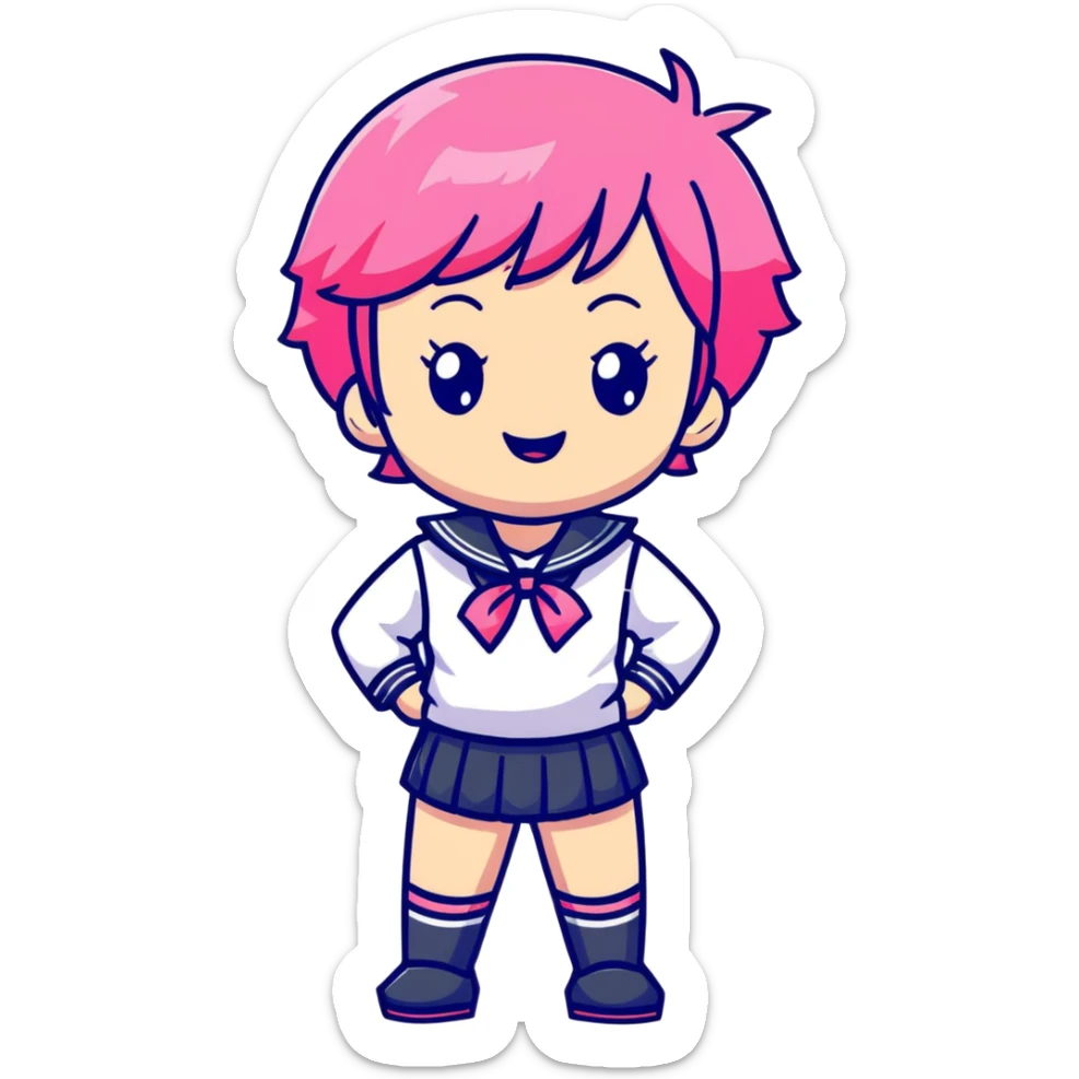 Anime girl with short bright pink hair wearing Japanese sailor style school uniform, confident pose with hand on hip and bright cheerful grin, excited and happy sticker
