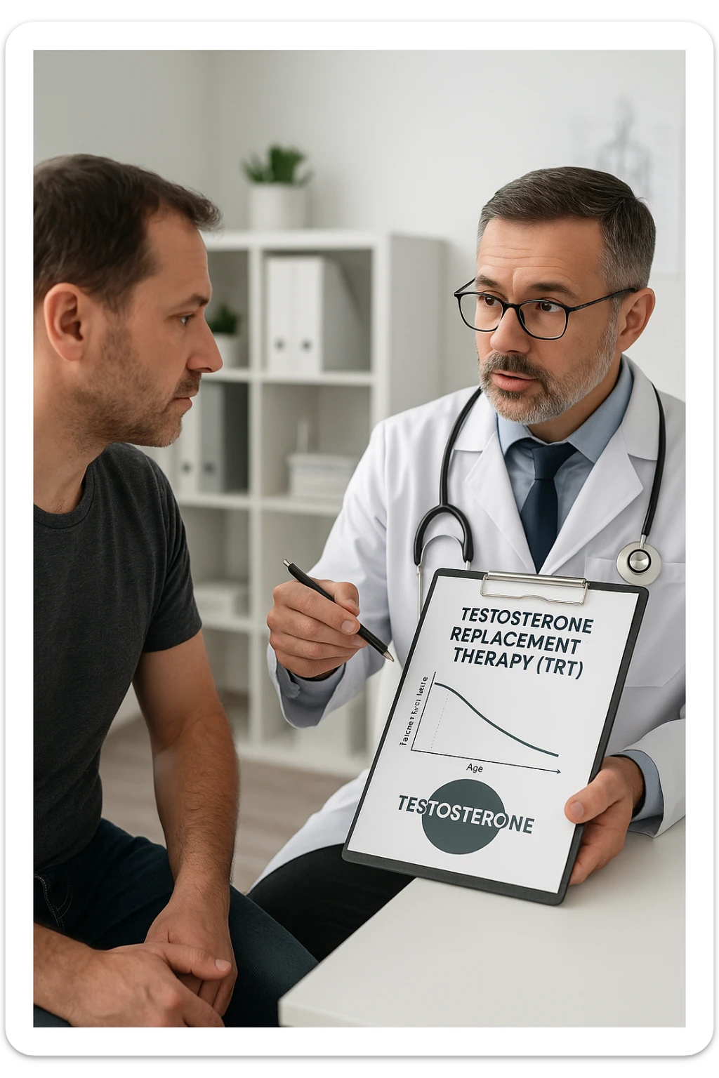 a man in his 40s sits in a doctor’s office, listening attentively as a physician explains TRT (Testosterone Replacement Therapy). The doctor holds a prescription pad and points to an educational chart showing testosterone levels. The mood is professional and informative, with a clean, clinical background. in italiano sticker