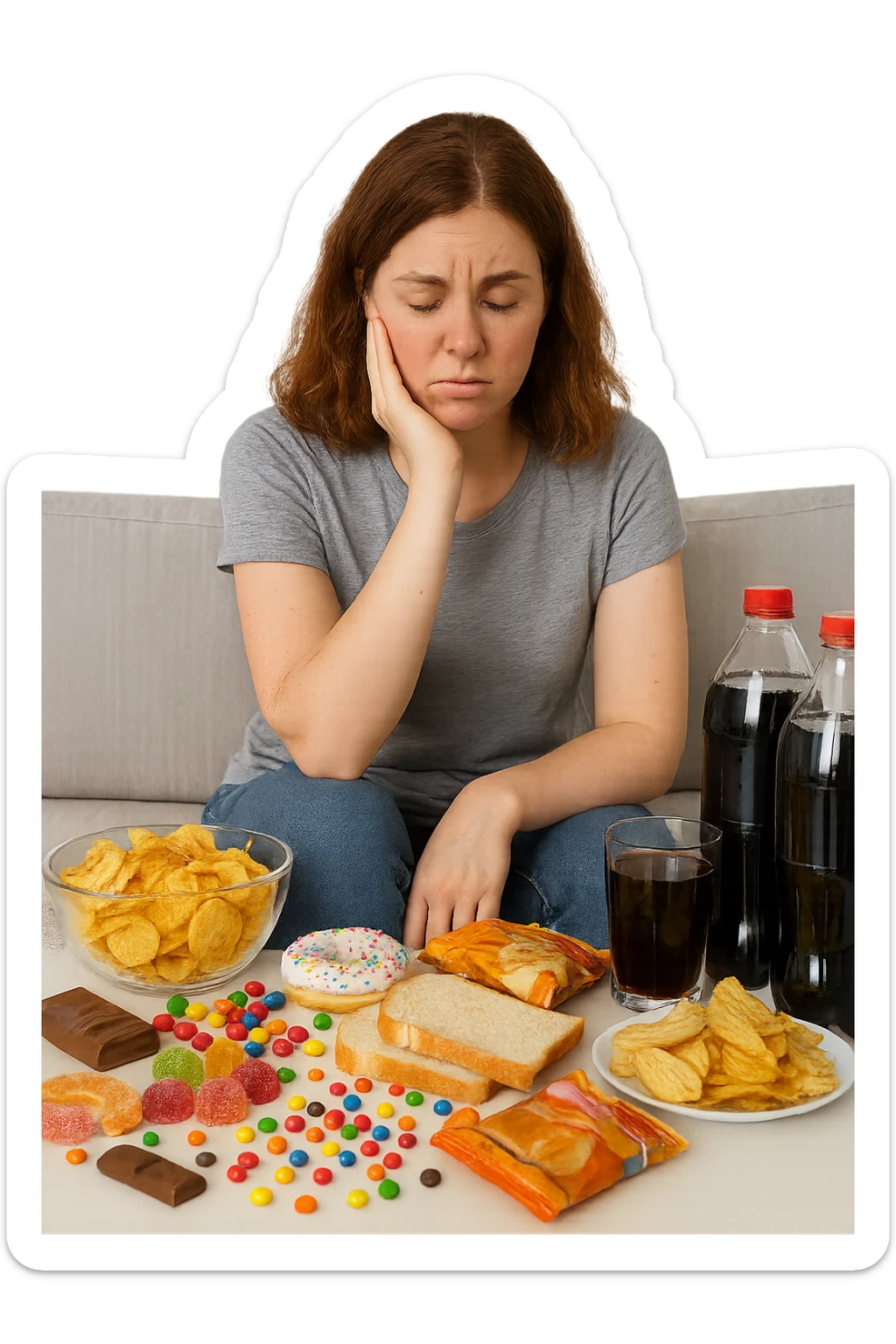 Donna tra i 25 e i 35 anni seduta sul divano o a un tavolo disordinato, circondata da cibi sparsi e poco sani: patatine, dolci, pane bianco, snack confezionati, bibite. con infiammazione e squilibri ormonali sticker