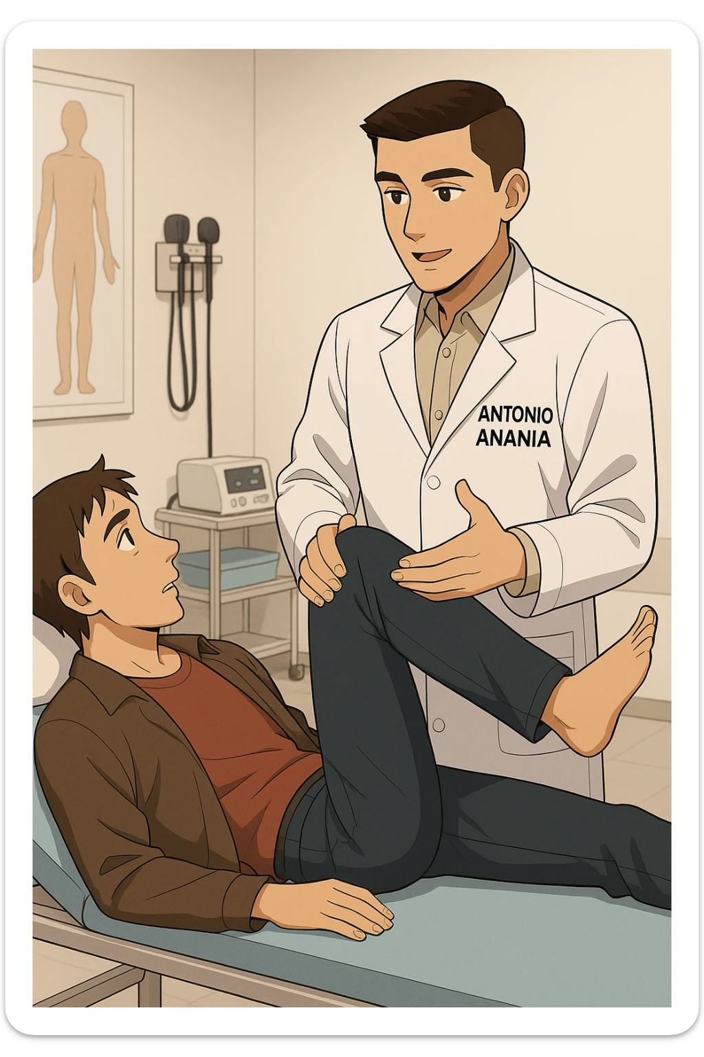 fai un webtoon manga a colori con questo stile, in cui un uomo è steso sul lettino medico e il kinesiologo con il camice bianco (fagli anche la scritta "ANTONIO ANANIA" SUL CAMICE, gli solleva una gamba per fargli il test neuromuscolare, IL KINESIOLOGO SPIEGA ALL'UOMO UNA cosa mentre gli alza la gamba. non fare i fumetti però, fai solo in modo che sembri stiano parlando, il lettino fai in modo che si veda tutto intero sticker