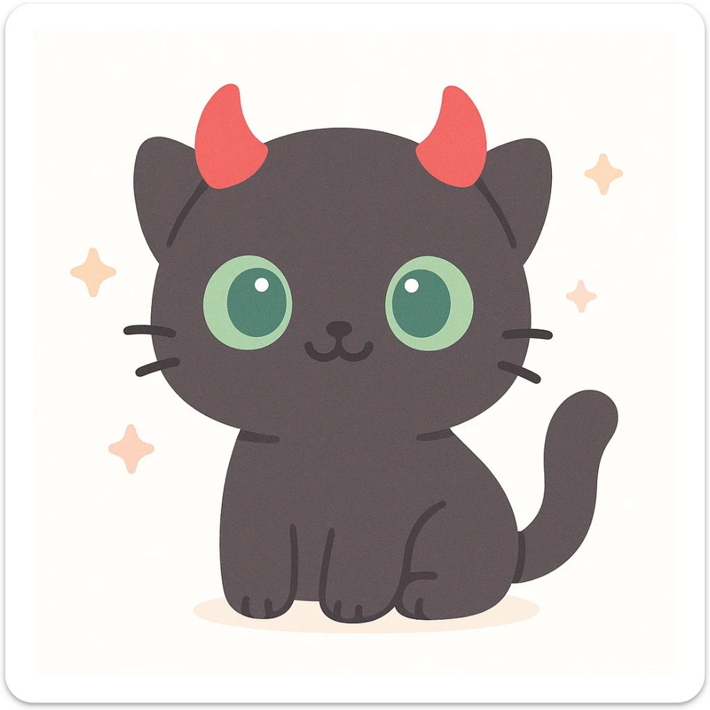 black cat with green eyes and demon horns, cute cartoon style sticker