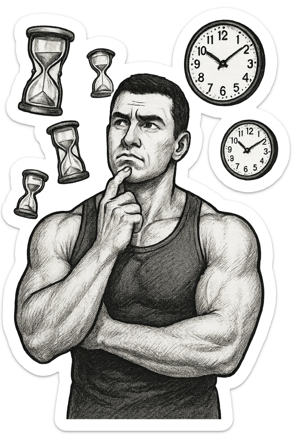 bodybuilder pensieroso che si tiene l'indice sul mento, alle sue spalle fluttuano clessidre e orologi da muro sticker