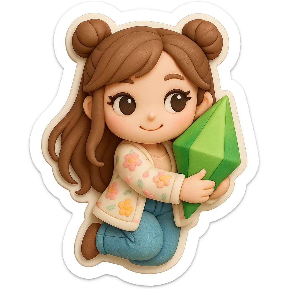 3D chibi girl fondant cake art style, high-quality rendering with smooth shadows and soft gradients, long brown hair in two space buns, brown eyes, jeans, pastel floral cardigan, thick white outline like a sticker, transparent background, flirty holding and hugging a Plumbob, preserve facial features from reference image sticker