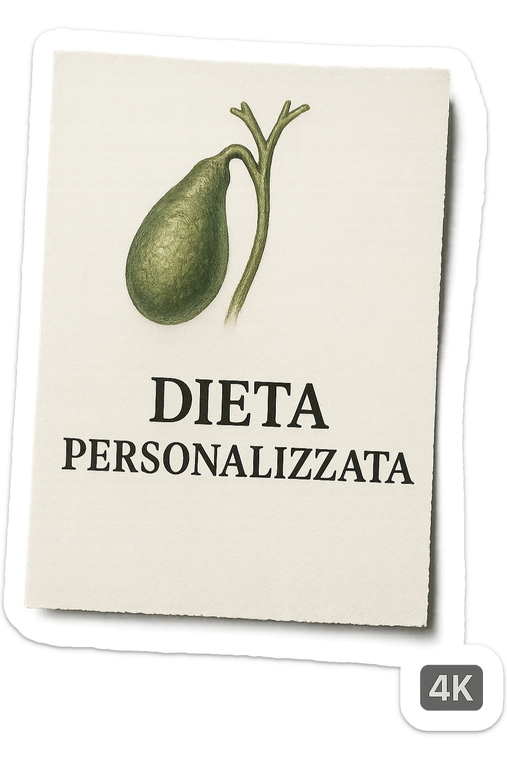 FOGLIO DI CARTA CON LA SCRITTA "DIETA PERSONALIZZATA" E UNA CISTIFELLEA DISEGNATA SOPRA, iperrealistico 4k sticker