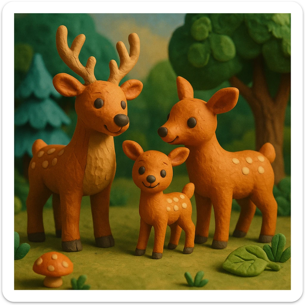 deer family in a woodland clearing, vibrant colors, cheerful and cozy, claymation style sticker