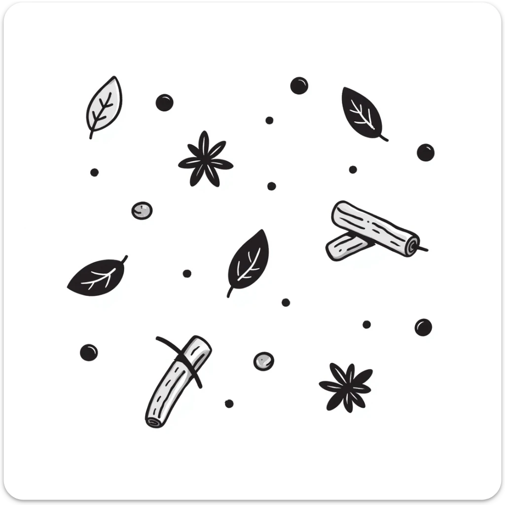 Hand-drawn collection of spices including peppercorns, bay leaves, cinnamon sticks, and star anise sticker