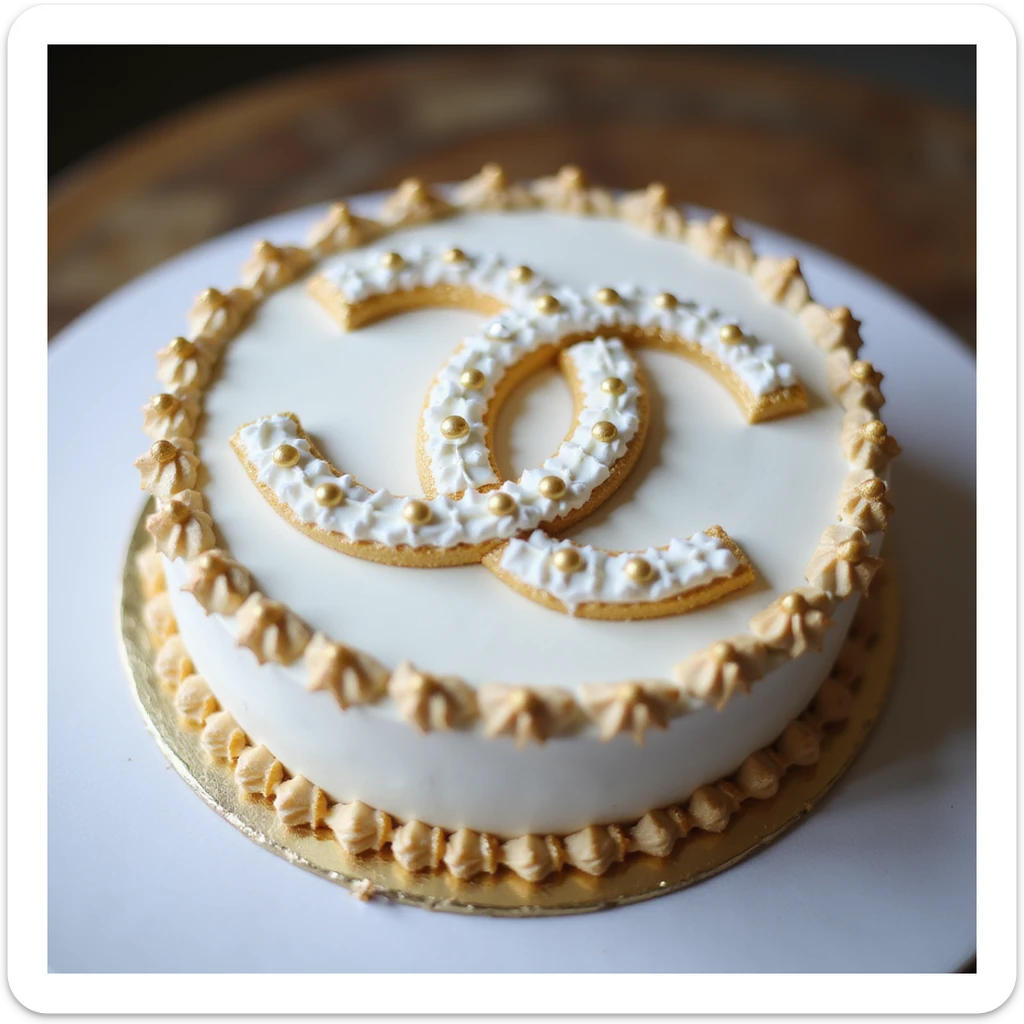 photorealistic cake shaped like the Chanel logo, elegant white and gold decoration, no background sticker