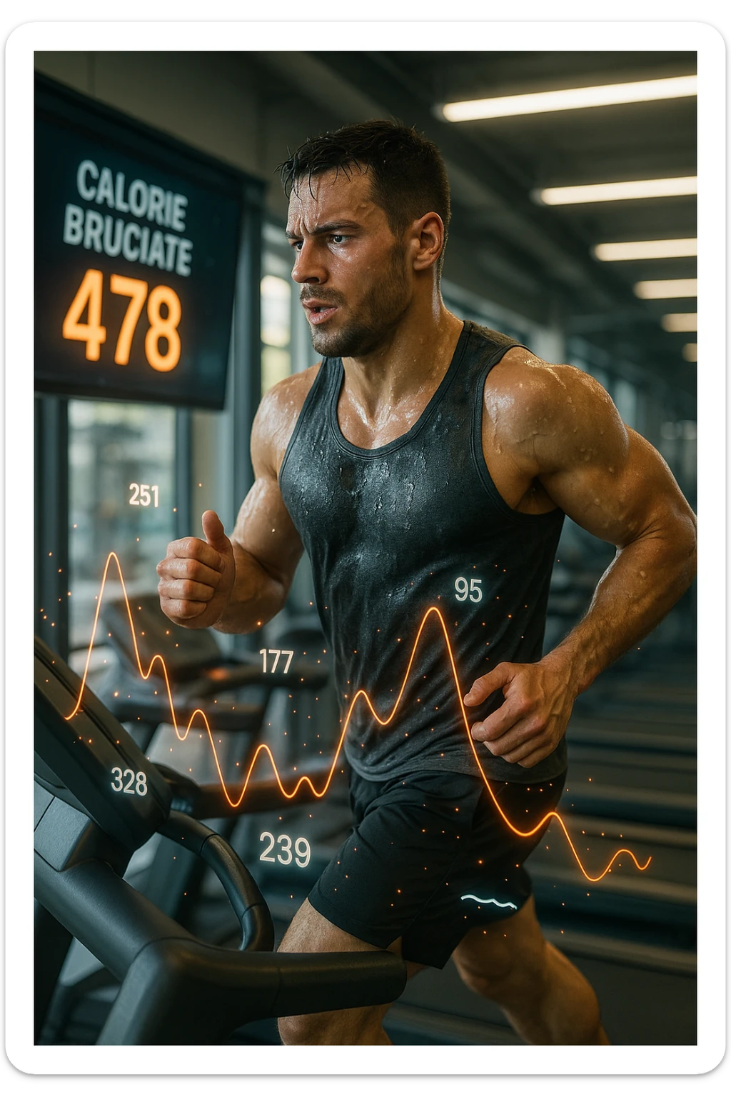 Uomo atletico su tapis roulant in palestra, visibilmente sudato, in piena corsa. Sullo sfondo uno schermo digitale che mostra 'Calorie bruciate: 478'. Intorno al corpo dell’uomo si vedono numeri fluttuanti e grafici energetici, come se si stessero misurando in tempo reale le calorie consumate. Atmosfera dinamica, luce intensa da palestra, sensazione di movimento e impegno. IN ITALIANO sticker