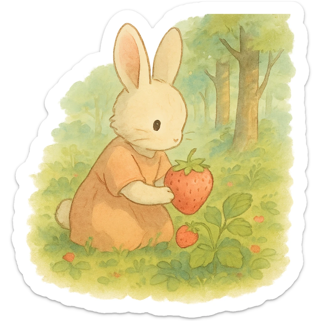 bunny picking strawberries in the woods, sweet pastel red, soft ghibli style sticker