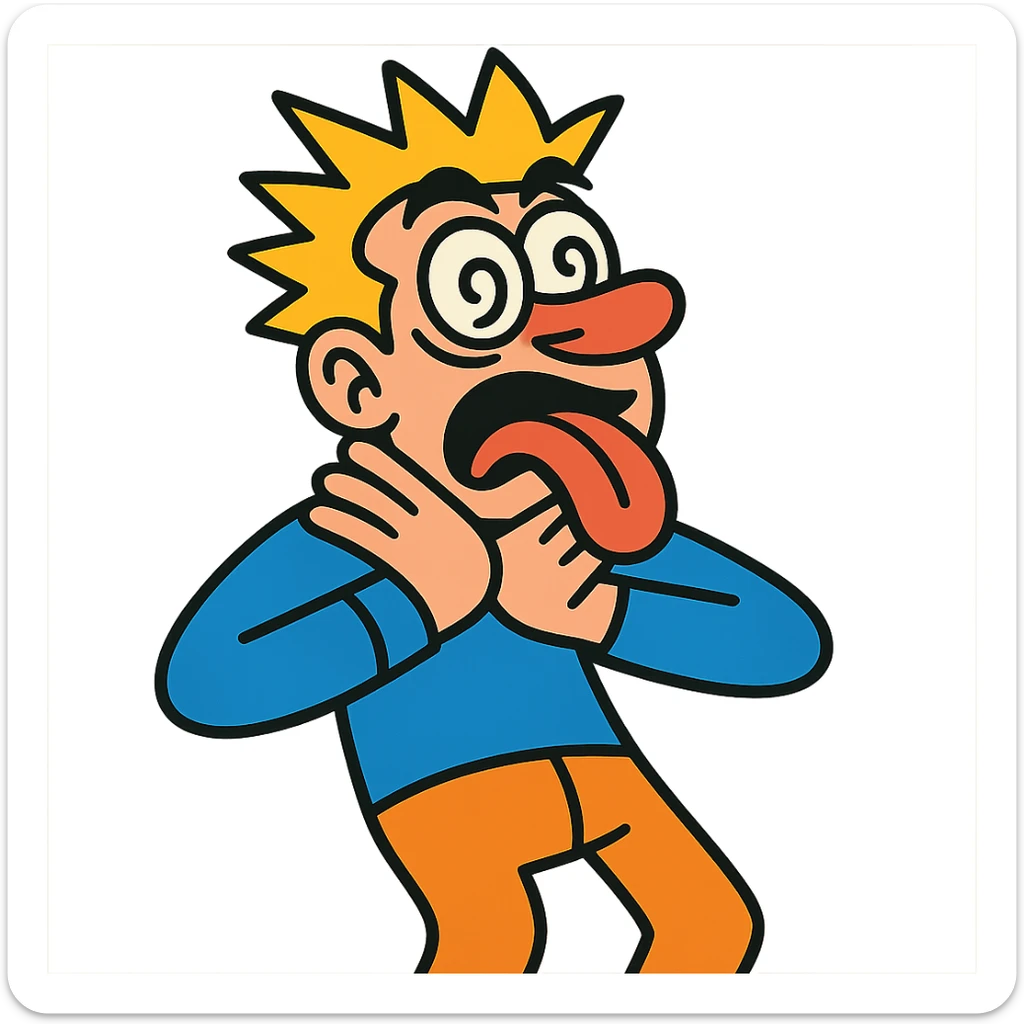 exaggerated slapstick person with crossed eyes, tongue out, hands on neck, comic style, playful and humorous sticker