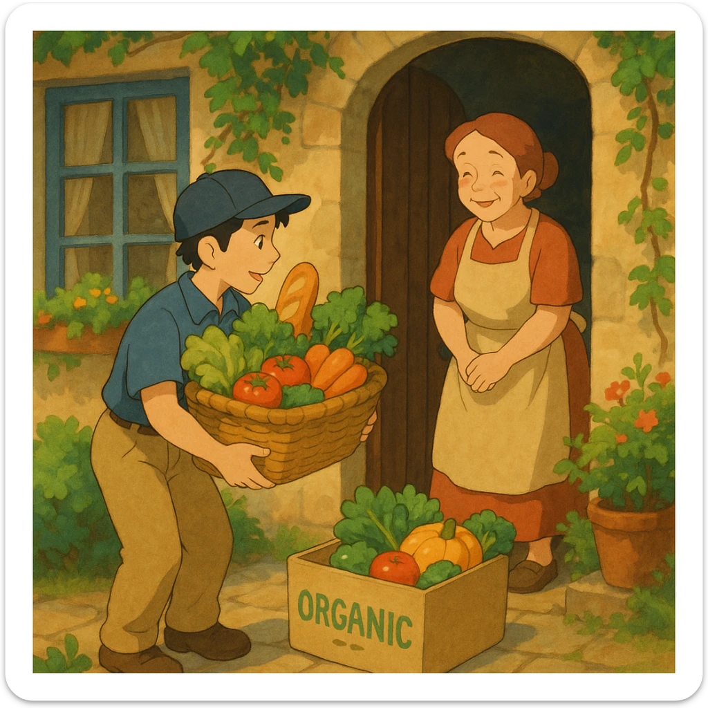ghibli style cozy scene of organic product delivery at the door of a house sticker