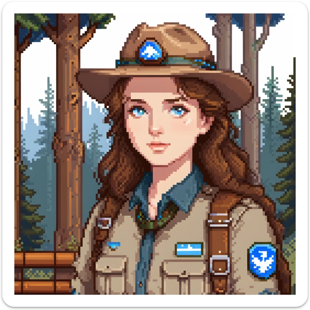white woman park ranger with brown hair and blue eyes in a nature background sticker