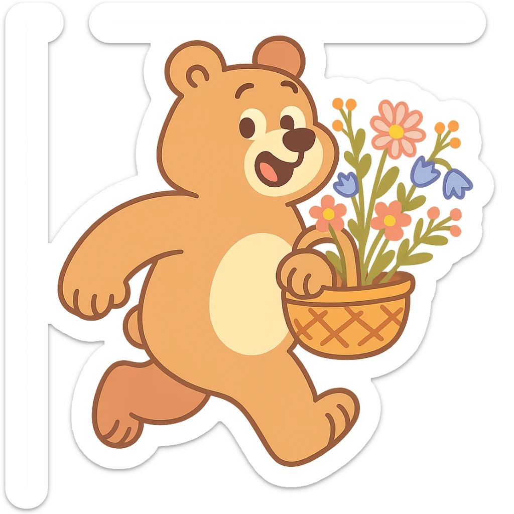 bear carrying a basket of wildflowers, soft pastel brown and cream, pastel-toon style sticker