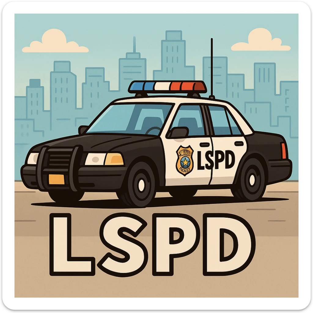 Make the police car black and white, add a city background, and add the caption 'LSPD' in a cartoon style. sticker