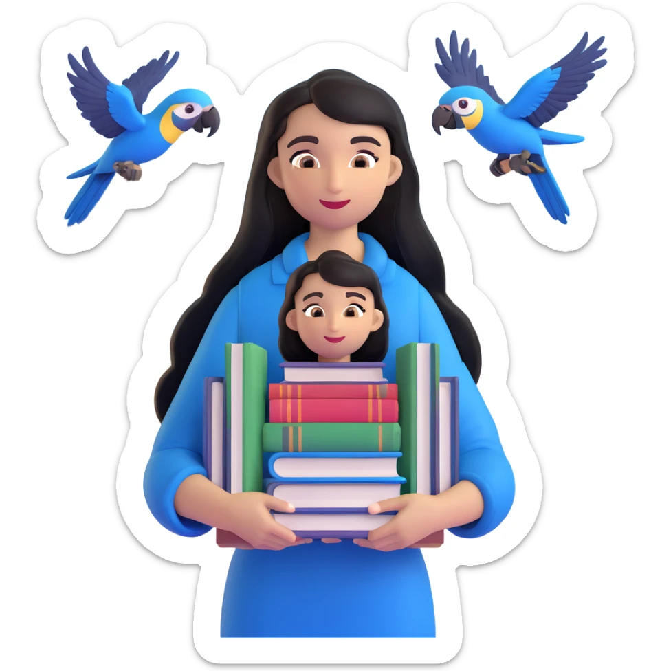 woman with long black hair and light brown skin, holding a stack of books in her arms, blue macaws flying around her, face as the focal point, with the arches of Atalaia Beach subtly in the background sticker