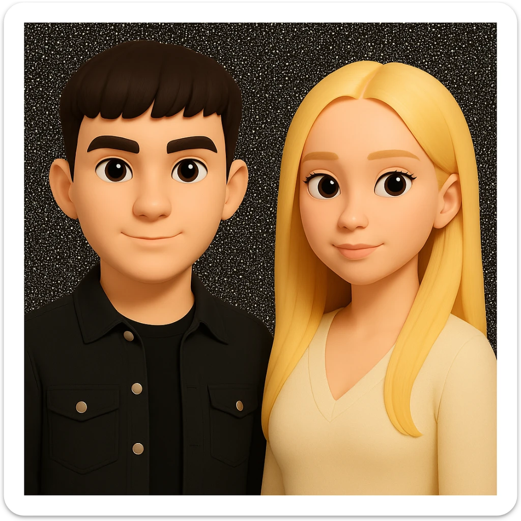 Slightly increase the volume of the upper body of the girl, significantly spread them apart from each other, make the skin color the same for both characters, while preserving the cartoonish 3D style as seen in the reference image. sticker