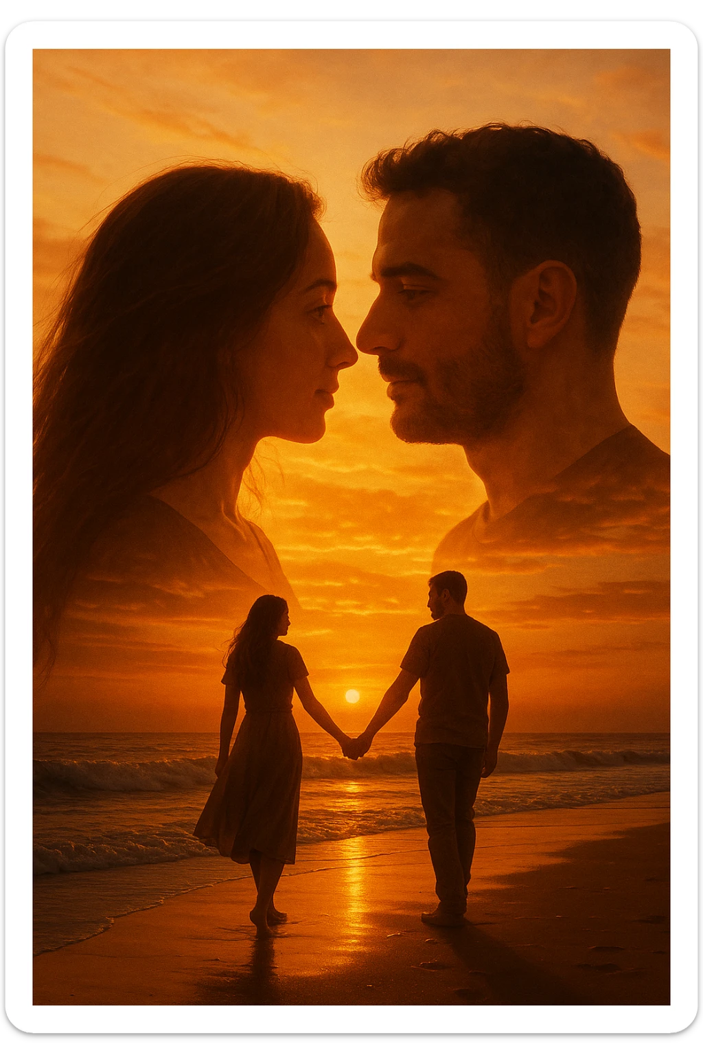 Una doppia esposizione cinematografica di noi di profilo, con un paesaggio di spiaggia al tramonto integrato nella silhouette.
La scena interna ci mostra entrambi camminare sulla sabbia bagnata, tenendoci per mano, con le onde del mare che si infrangono è facile e un cielo colorato dagli ultimi raggi di sole. Atmosfera calda e intima, toni dorati arancioni, dettagli fini ed espressivi, risoluzione 8K. sticker