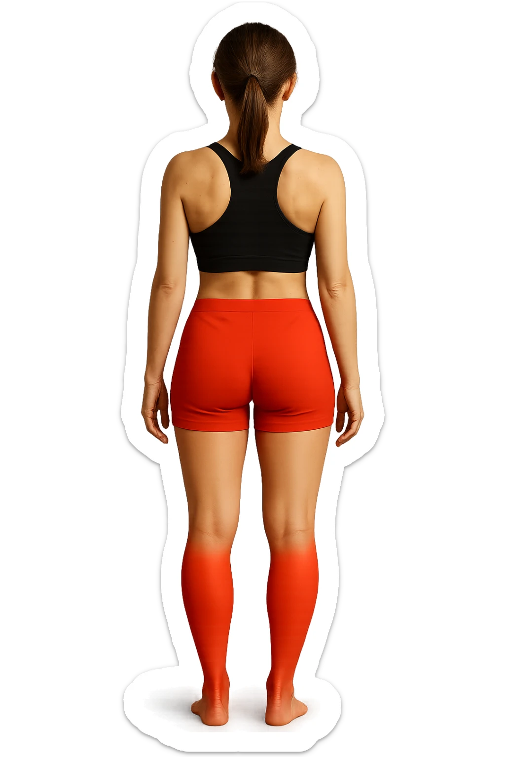 CORPO DI UNA DONNA DI SPALLE in gym shorts A FIGURA INTERA con solo parte inferiore evidenziata IN ROSSO, IPERREALISTICA 4K sticker