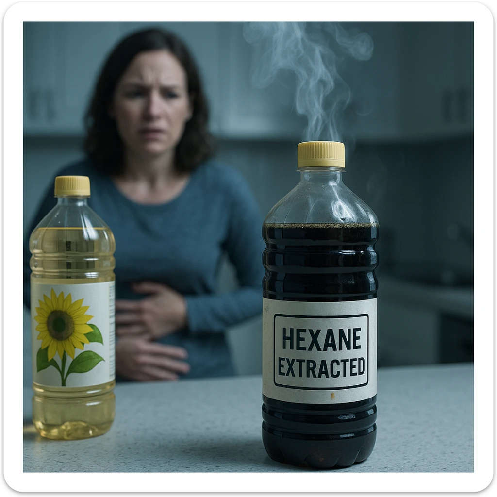 photorealistic surreal kitchen counter with a bottle of vegetable oil (sunflower or soybean), dark oil labeled 'Hexane extracted', toxic vapor rising from the bottle, background with a blurred worried person holding their stomach, cold clinical lighting adding tension sticker