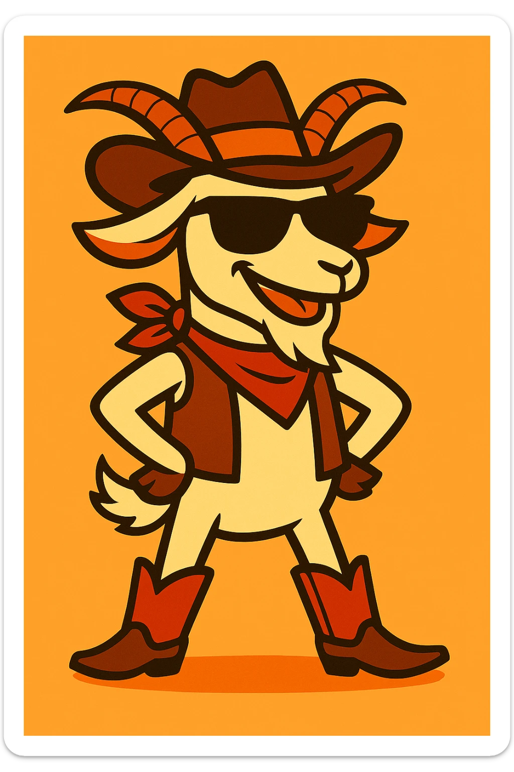 Add cool black sunglasses to the goat cowboy, keep the vibrant cartoon style. sticker