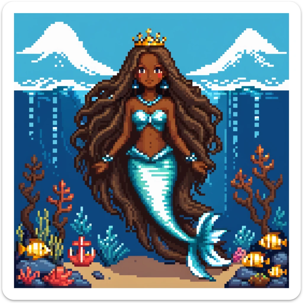 Dark brown skin mermaid princess with long flowing hair and royal accessories in deep blue ocean sticker