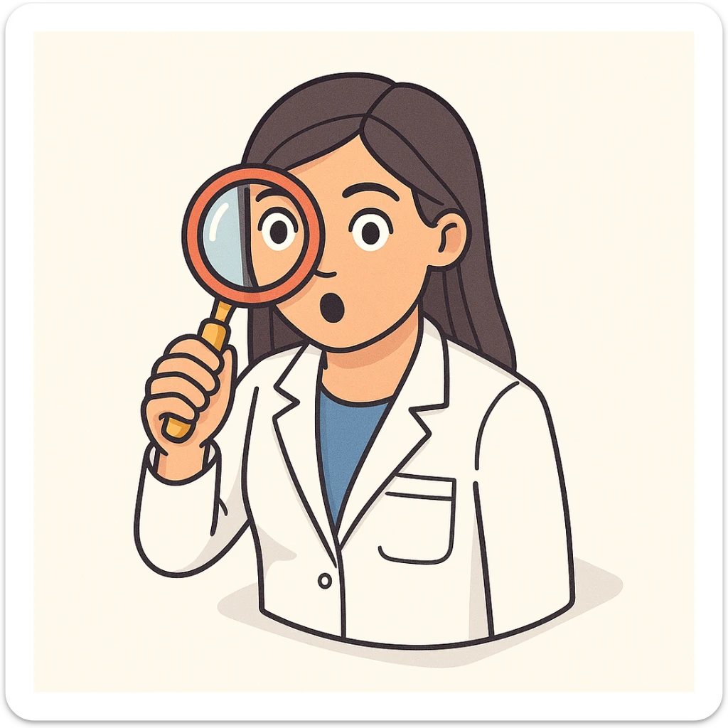 front view of a female doctor with dark long straight hair, detailed brown eyes (not dots), wearing a white coat, looking straight at the camera through a magnifying glass, surprised facial expression, minimalist background, 2D isometric style sticker