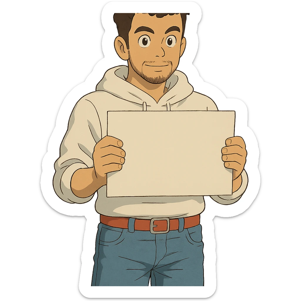 1 male, mid fade haircut dark chestnut brown curly hair, toasted lightskin, white hoodie sleeves up, fashion jeans, red fashion-sneakers shoes, red belt, short trimmed beard and goatee,  style of deku from "my hero academia", pose: holding a blank poster chest level, the image is framed from the waist to above the top of the head sticker
