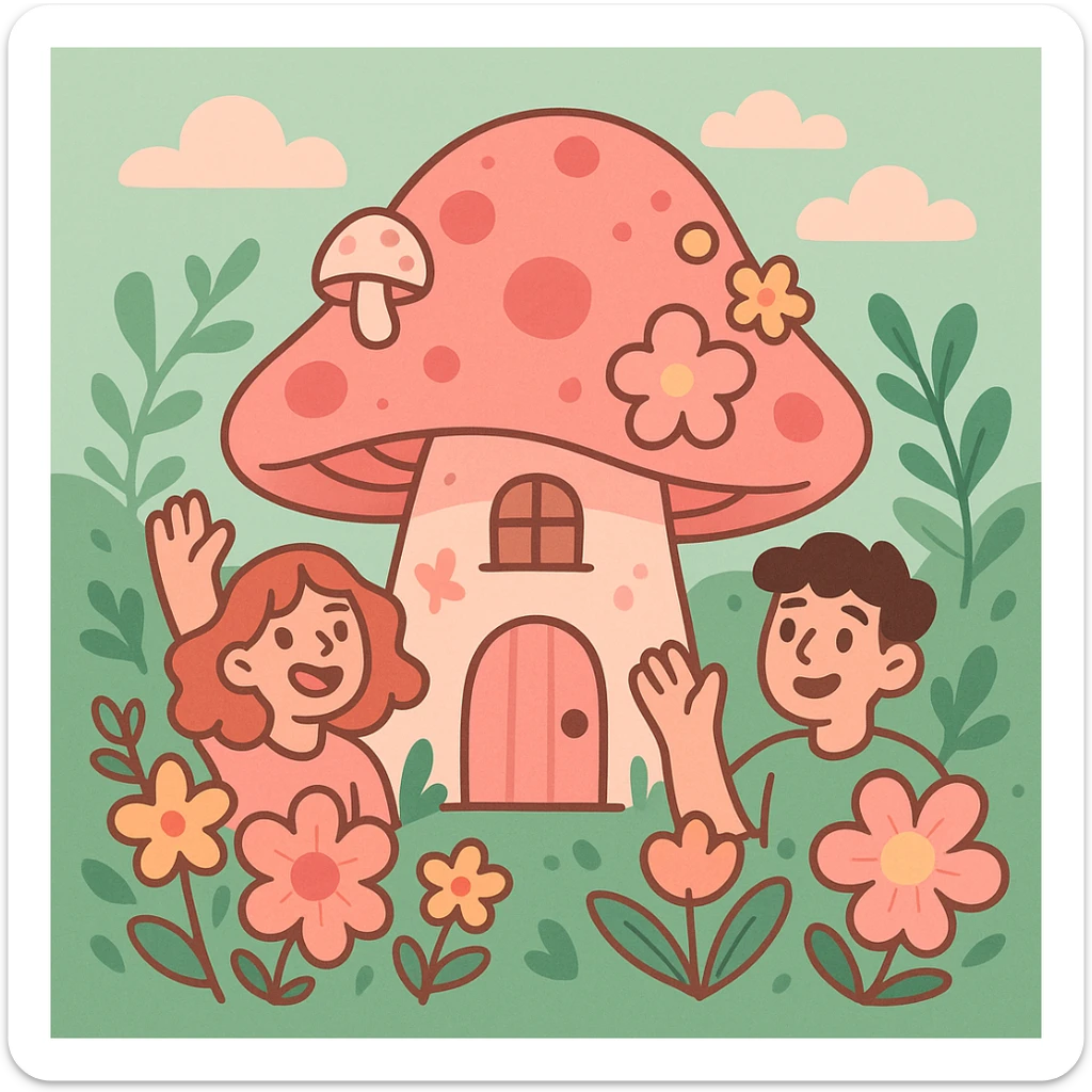 pink cottagecore mushroom with floral accents, soft pinks and greens, dreamy and whimsical sticker