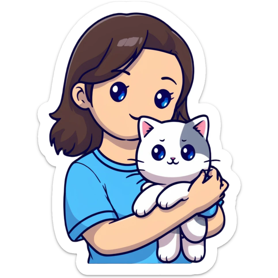 Cute Asian girl cradling a ragdoll cat with blue eyes and light colored fur with darker points sticker