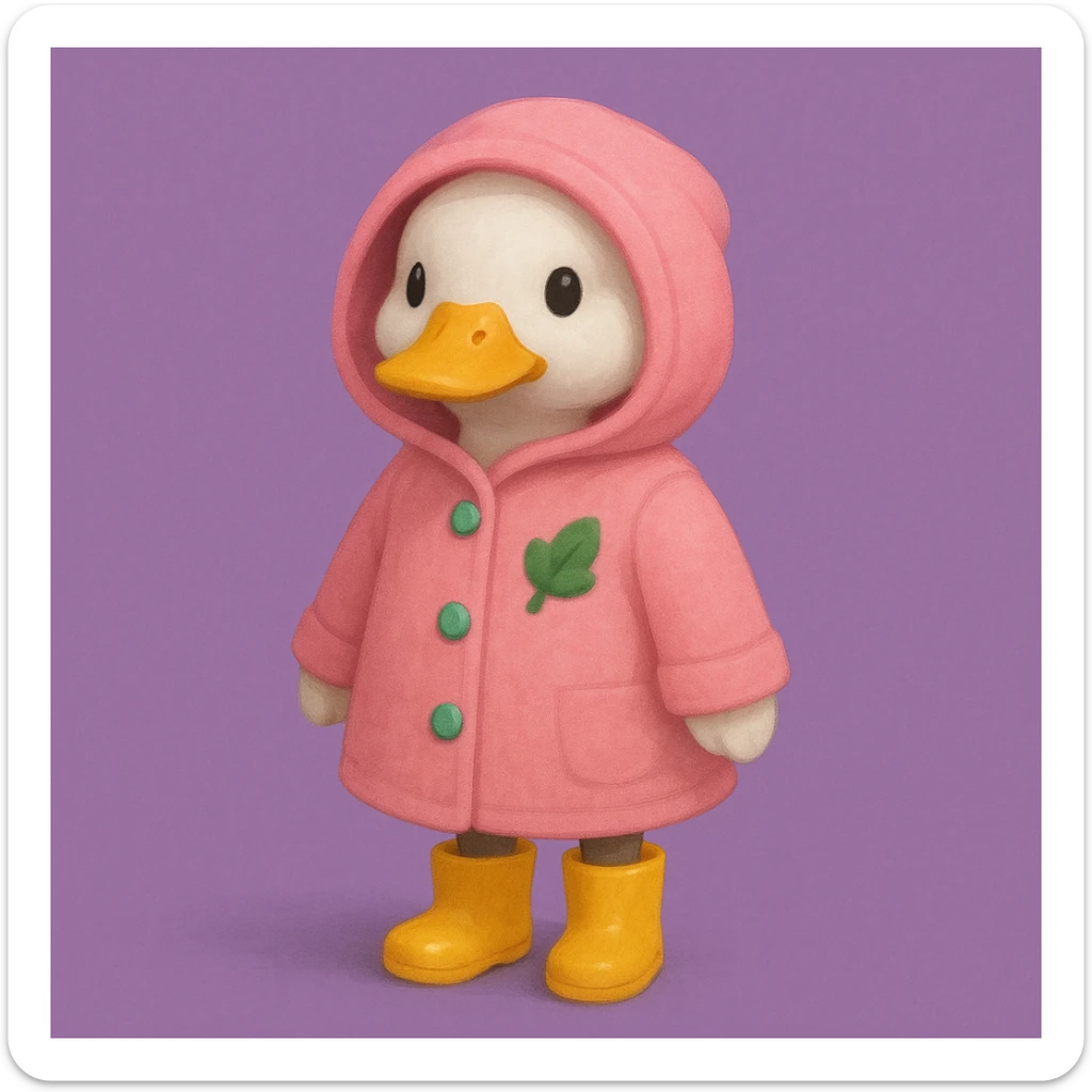 A duck wearing a pink hooded coat with green buttons and a green leaf on the chest, and yellow boots. The background is plain and purple. sticker