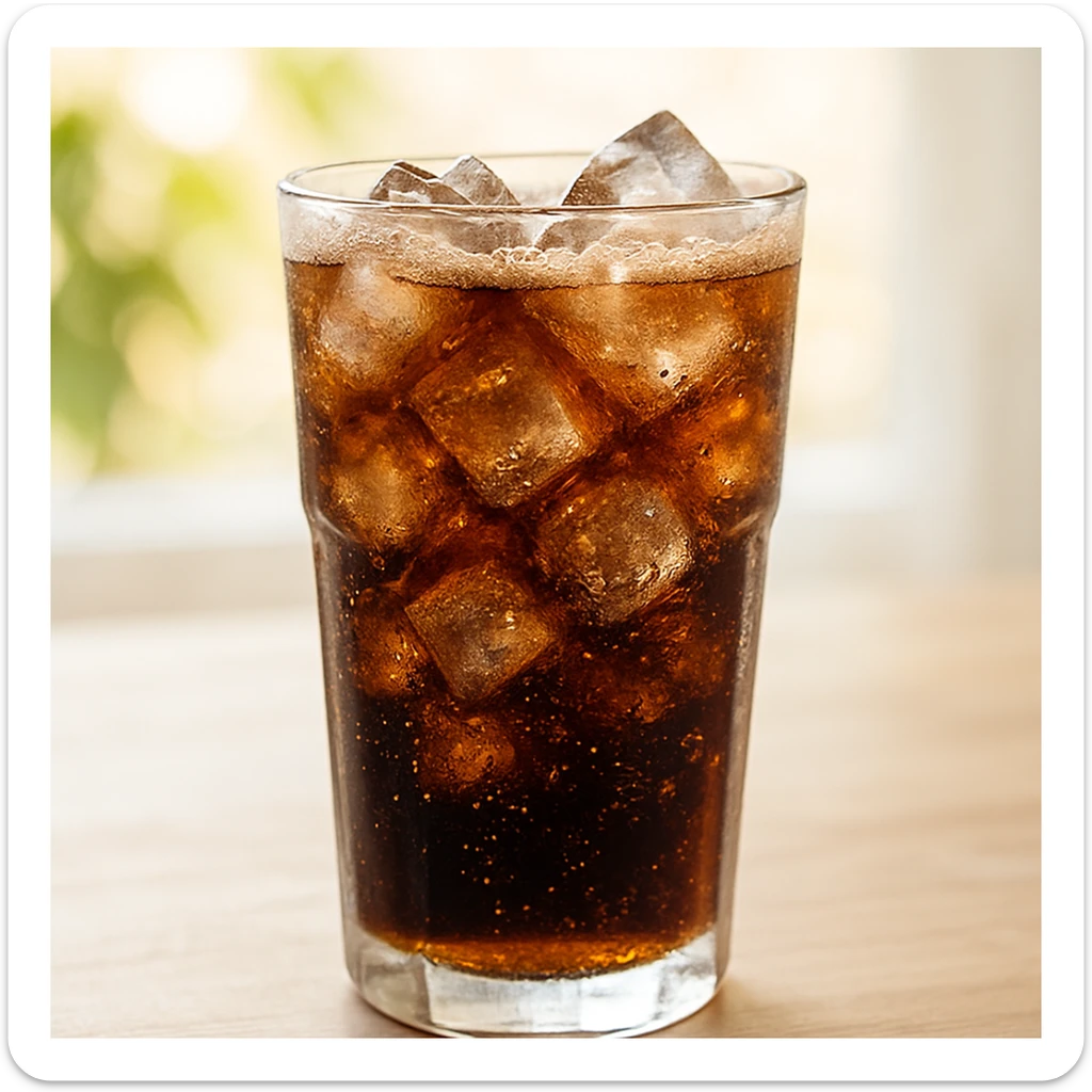 a glass of fernet with coca cola, Argentine style, with ice cubes, sparkling bubbly drink, glass cup, refreshing sensation sticker