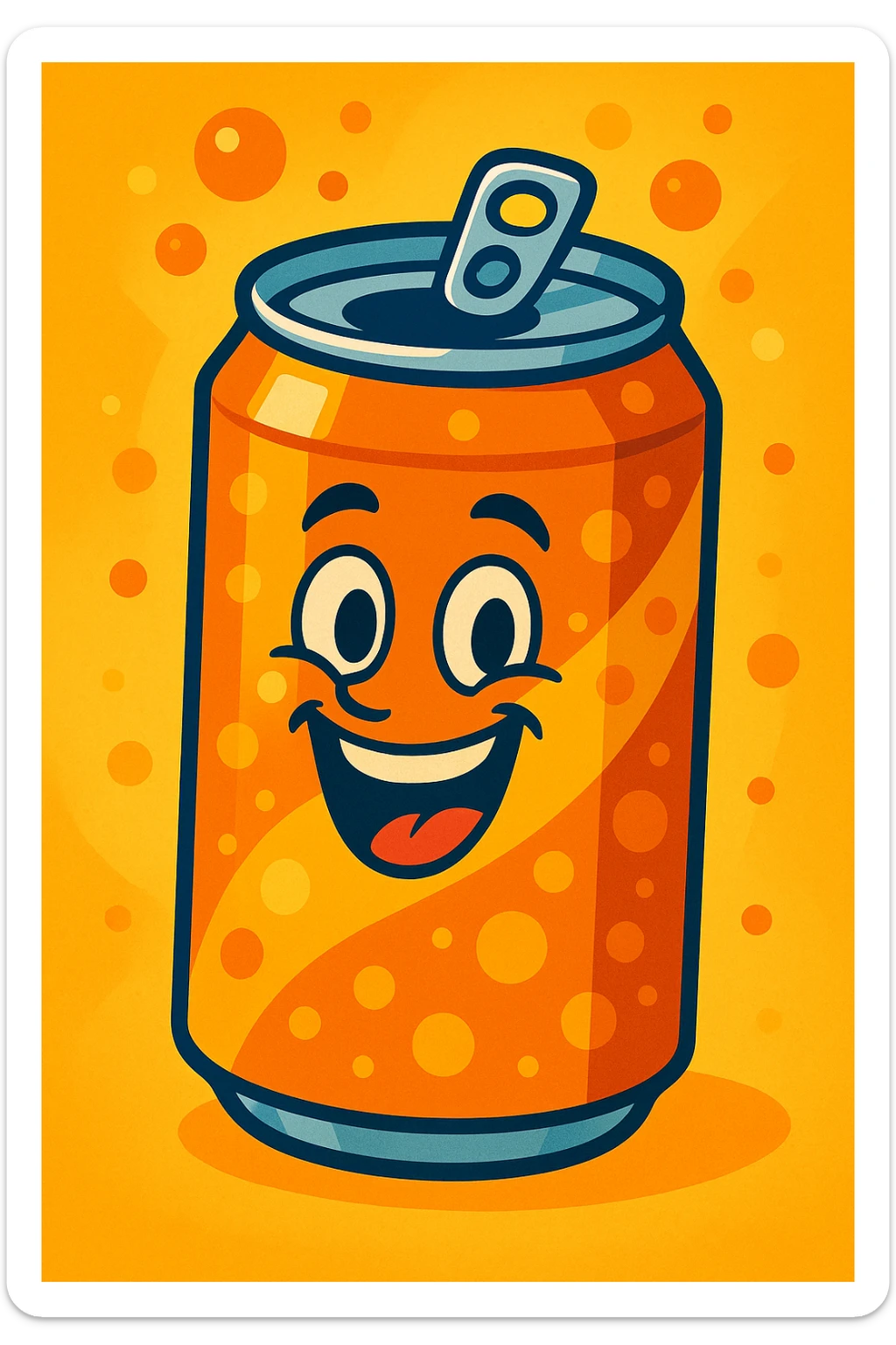 happy orange soda can, cheerful and bubbly, vibrant toon style sticker