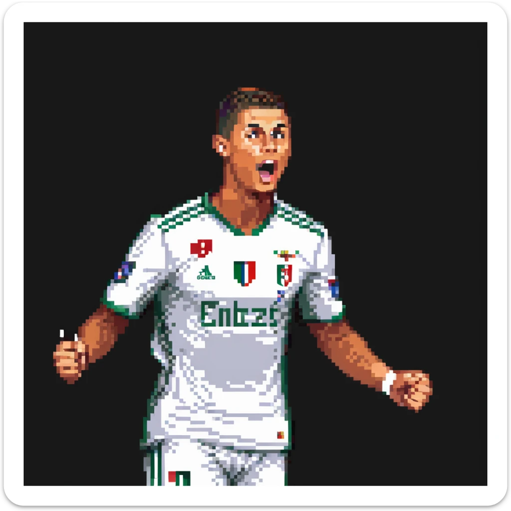 Pixel art of Cristiano Ronaldo celebrating a goal, football kit, retro 16-bit style, football pitch and stadium lights, sharp, clean pixels, rich contrast, vintage video game vibe, recognizable features: short hair, athletic build, determined expression sticker