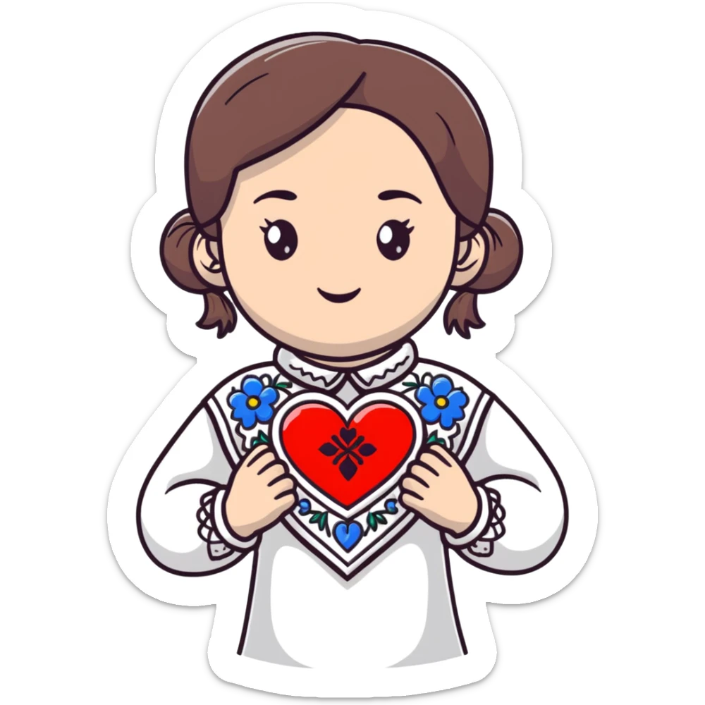 beautiful young girl in a white Ukrainian embroidered shirt clutching a large embroidered heart sticker