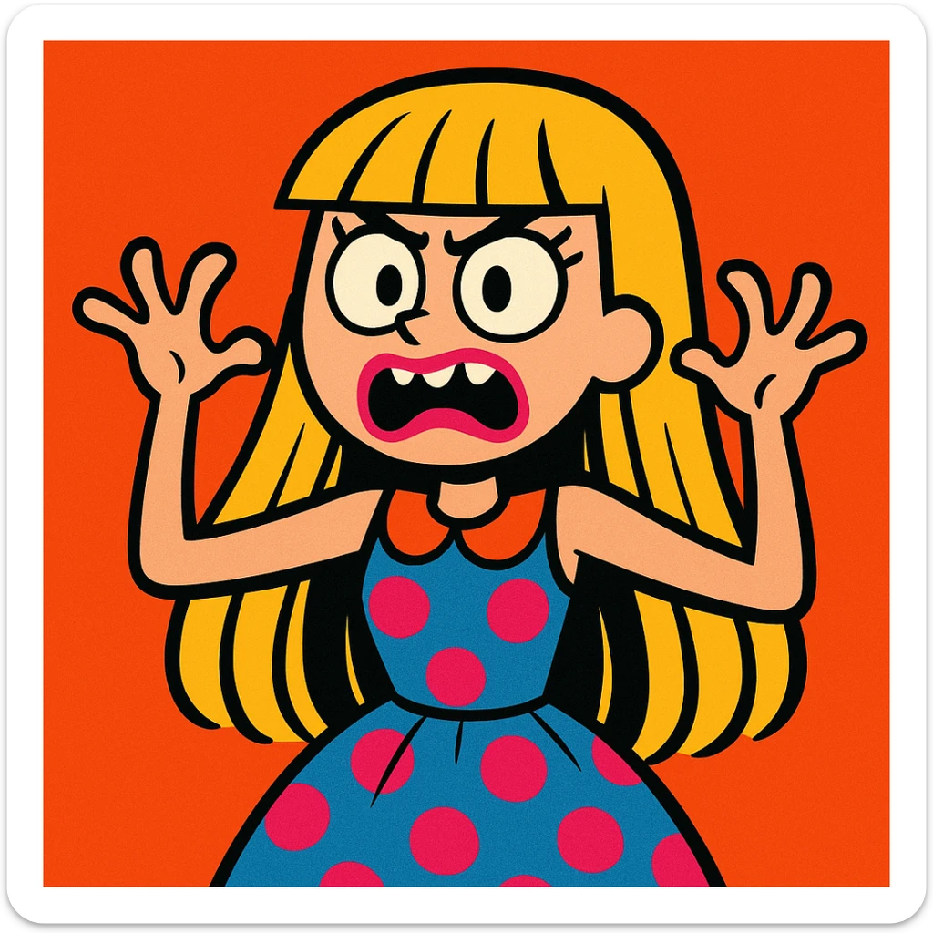 white girl with long hair and bangs, pink lipstick, wearing a cute dress, making a scary expression, fun and appealing style, playful illustration, cartoon, charming and whimsical sticker