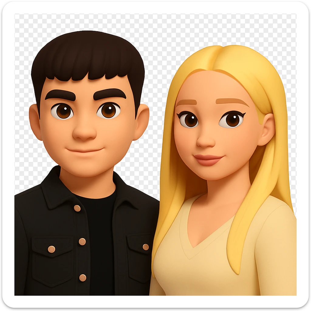 Slightly increase the volume of the upper body of the girl, separate the girl and the boy from each other, and make the skin color the same for both characters. Maintain the cartoon style and transparent background as in the original image. sticker
